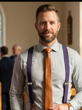 Trail Figure Men's Suspenders Navy Blue Red Stripe Caramel Leather Father's Day